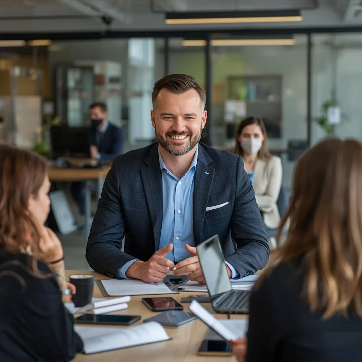 Un homme souriant face à des jeunes femmes plus jeunes.