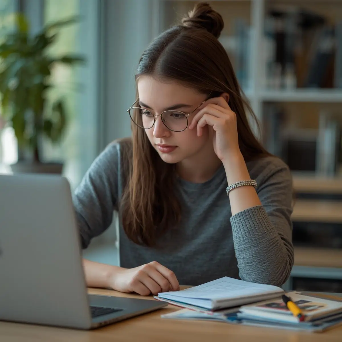 Une jeune femme se concentre sur son cours.